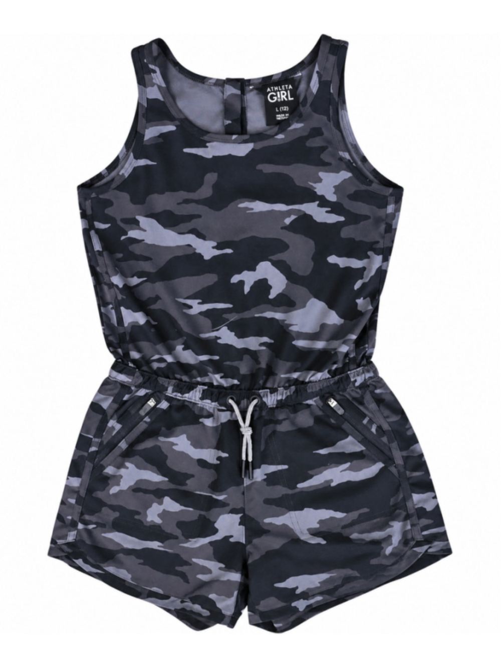 Athleta Girl On The Go Romper L 12 Black Camo Athletic Shorts One Piece NWOT